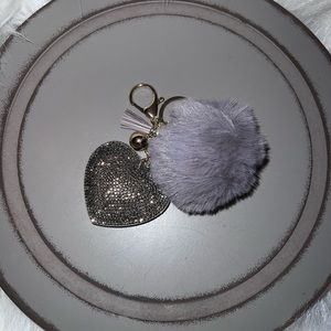 Crystal Rhinestone Heart w/ Faux Fur Puff Keychain Purse Charm